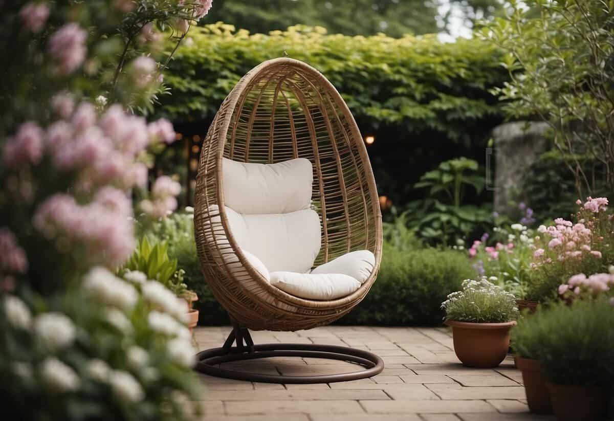 A foldable egg chair with a canopy sits in a lush garden, surrounded by blooming flowers and greenery, creating a peaceful and inviting outdoor space