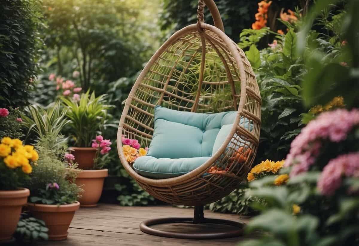 A boho chic garden egg chair surrounded by lush greenery and colorful flowers