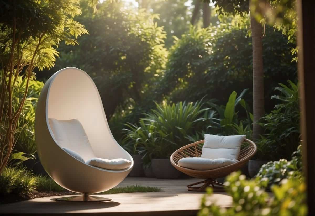 A sleek egg chair sits in a sunlit garden, surrounded by lush greenery. Its curved design and UV protection make it an inviting spot for relaxation and enjoyment of the outdoors