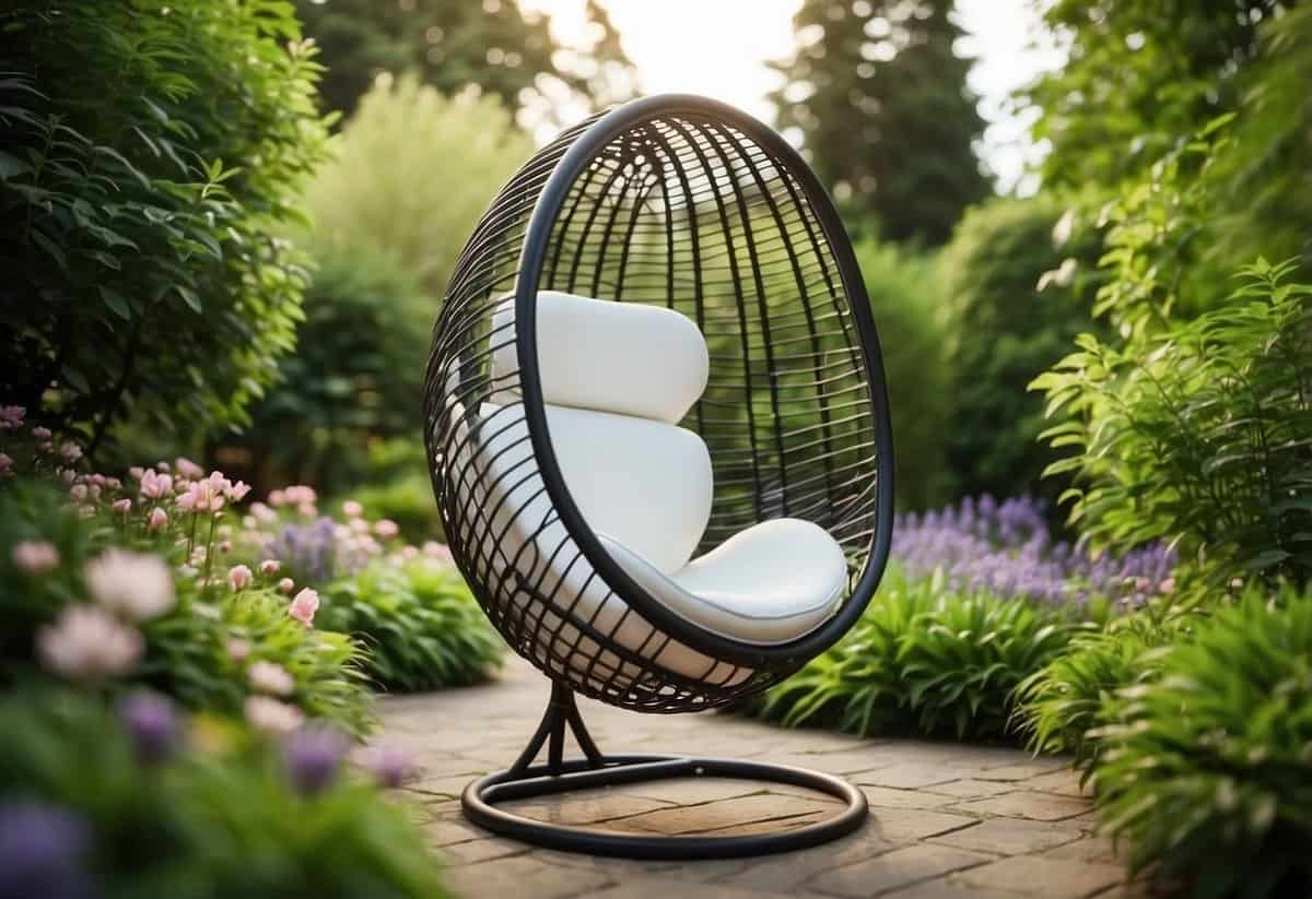 A modern metal-framed egg chair sits in a lush garden, surrounded by blooming flowers and greenery. The chair's sleek design contrasts with the natural setting, creating a peaceful and stylish outdoor retreat