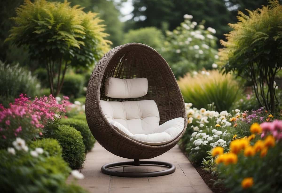 A cozy egg chair nestled in a lush garden, surrounded by blooming flowers and vibrant greenery, inviting relaxation and tranquility