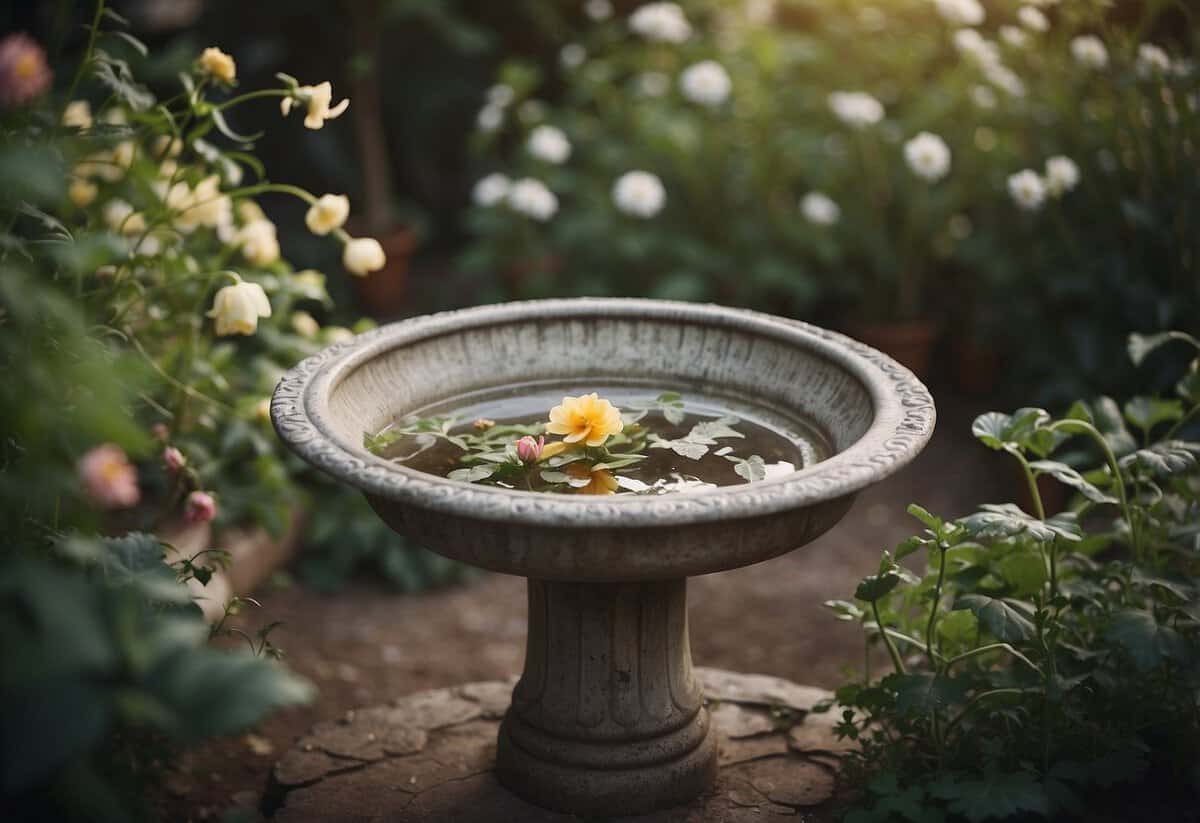 A weathered birdbath sits among overgrown flowers and vines in a quaint garden. Rustic decor and antique elements add to the vintage aesthetic