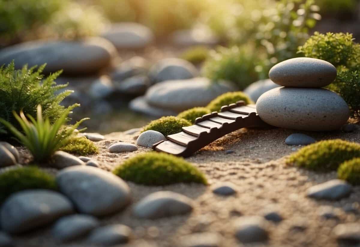 A serene Zen garden with raked sand, carefully placed rocks, and a miniature bridge over a tranquil pond