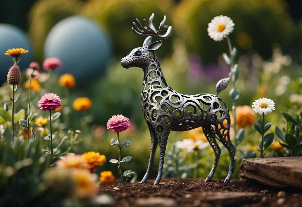 A garden filled with whimsical sculptures made from recycled metal, including flowers, animals, and abstract shapes, creating a unique and eco-friendly aesthetic