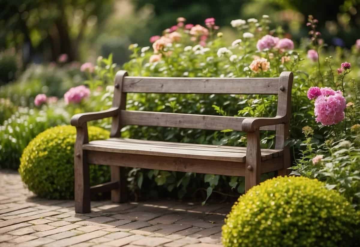 A rustic wooden bench nestled in a lush garden, surrounded by blooming flowers and vibrant greenery