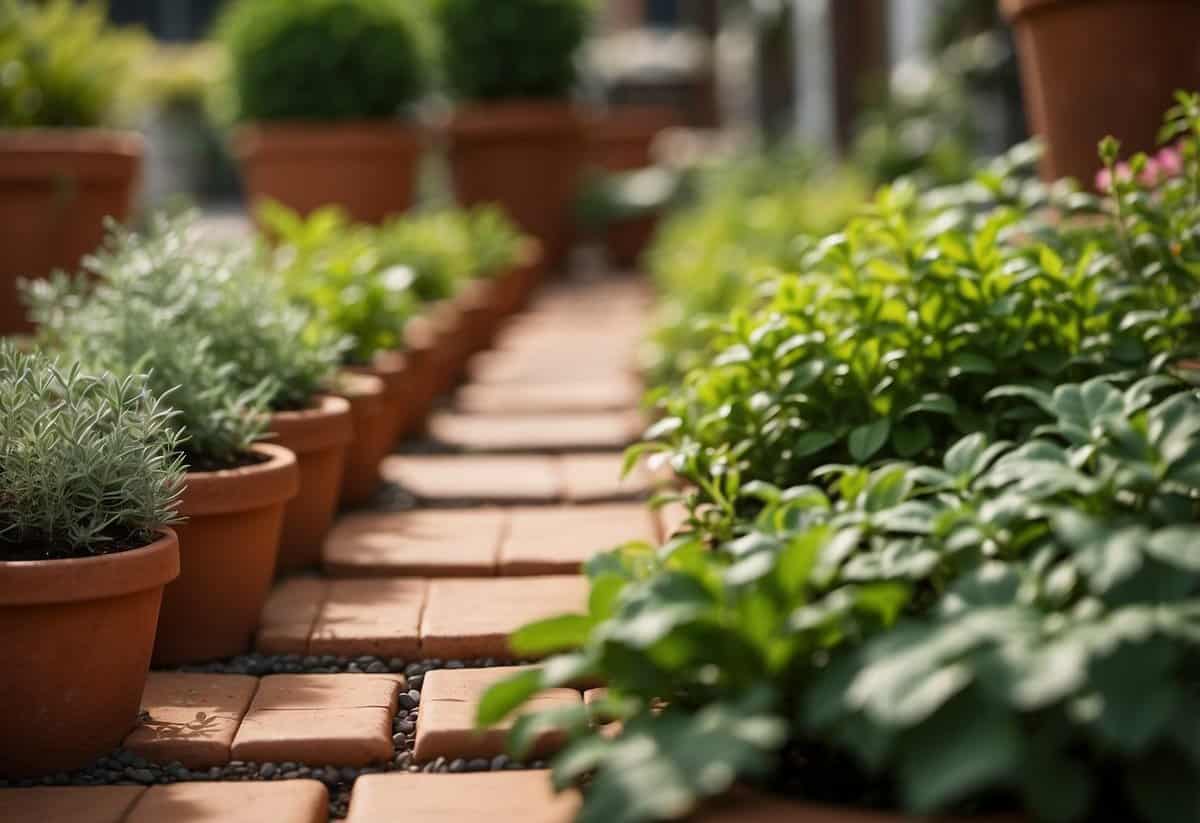 Terracotta tiles arranged in a small garden border, with green plants peeking through the gaps