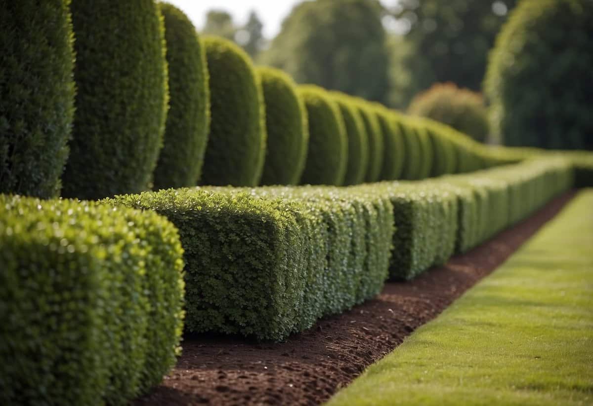 A low boxwood hedge borders a small garden, creating a neat and structured edge