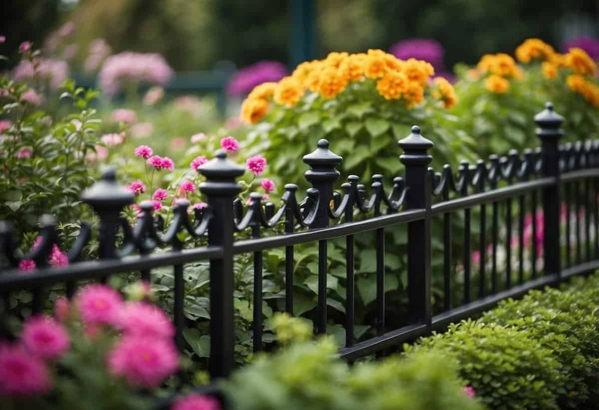 A small garden with a border of black wrought iron fencing, surrounding colorful flowers and lush greenery