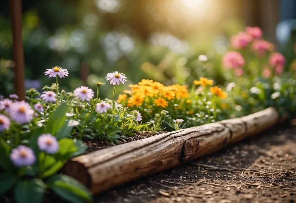 A small garden with log border. Flowers and plants fill the space