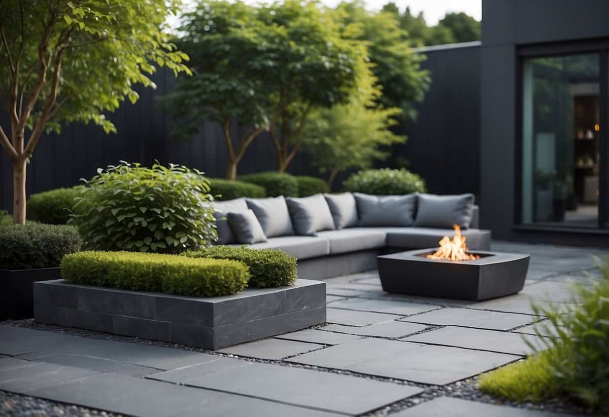 A modern garden with grey slate tiles arranged in a geometric pattern, surrounded by lush greenery and minimalist outdoor furniture