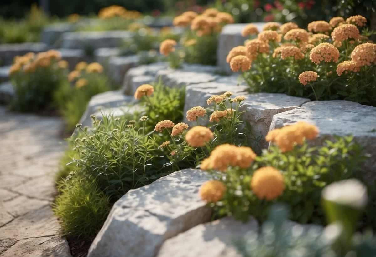 Hexagonal limestone slabs arranged in a garden, surrounded by vibrant flowers and lush greenery