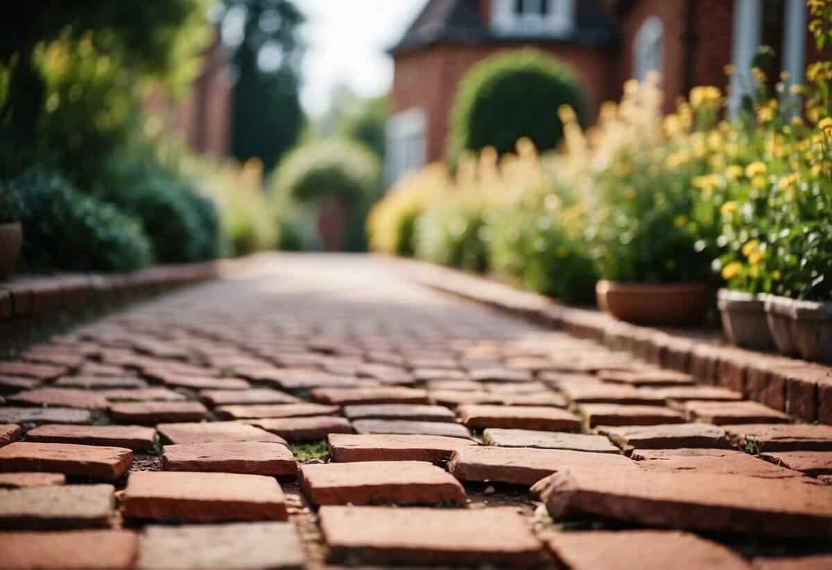 Red brick pavement with reclaimed slabs, creating a garden pathway