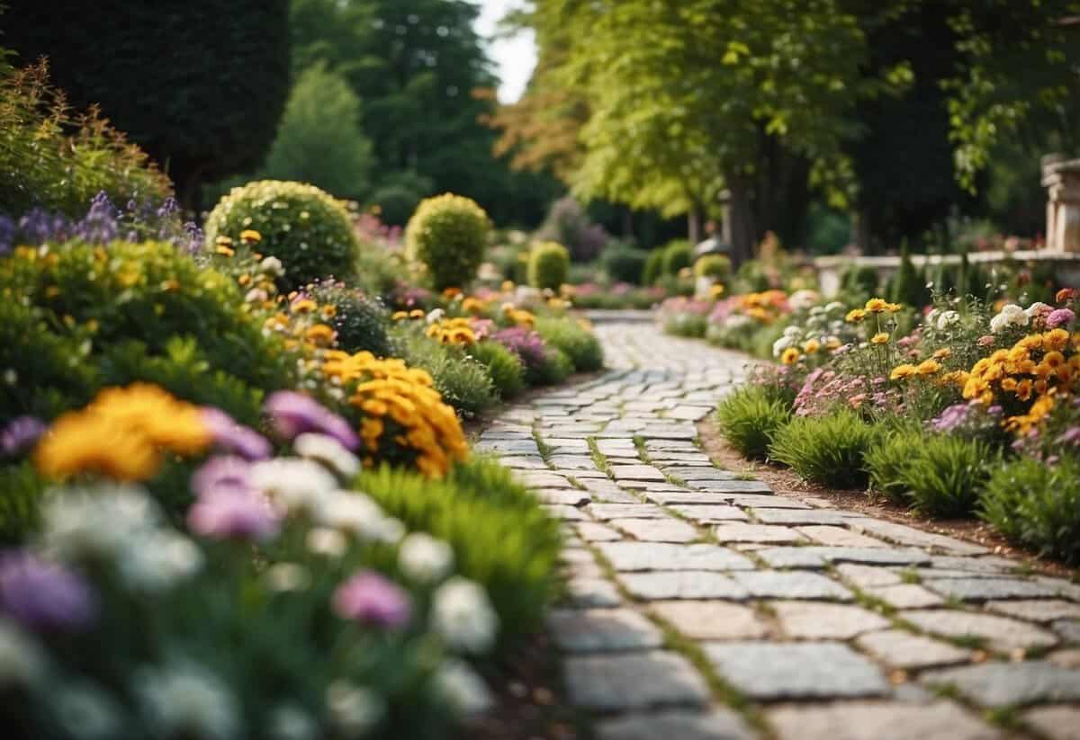 A garden path of granite cobblestone squares, surrounded by lush greenery and vibrant flowers