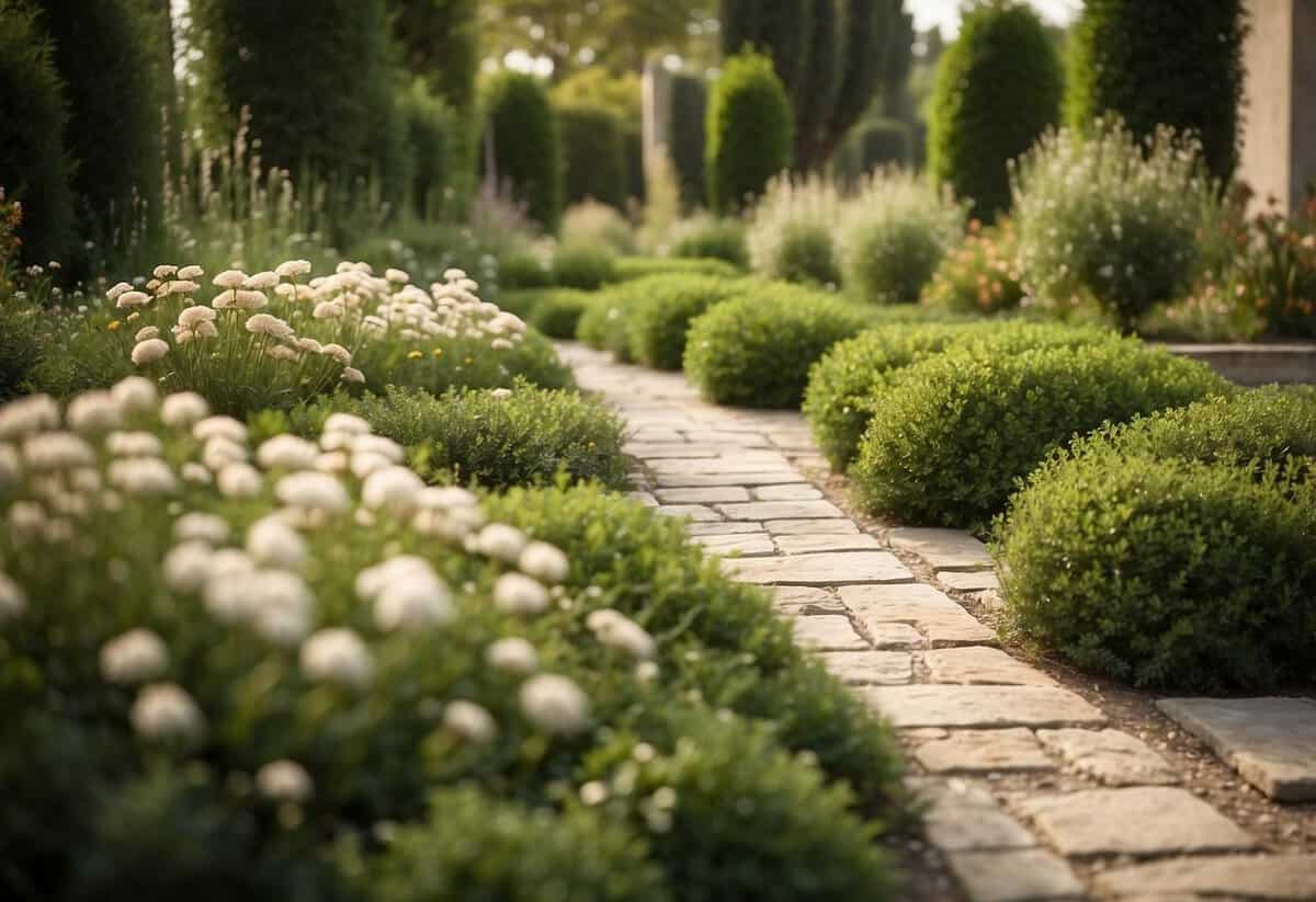 A garden path of neutral travertine tiles weaves through lush greenery and flower beds, creating a serene and elegant outdoor space