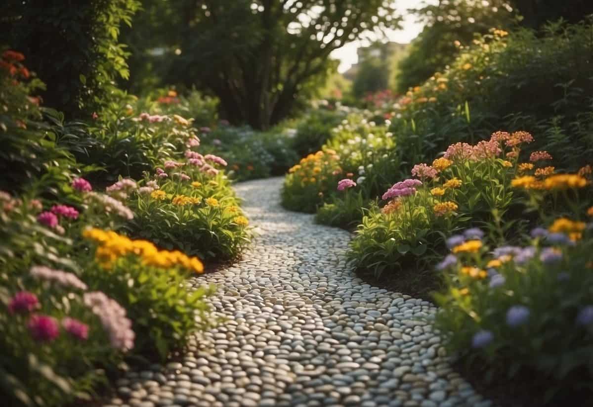 A garden path made of mosaic pebble slabs winding through lush greenery and colorful flowers