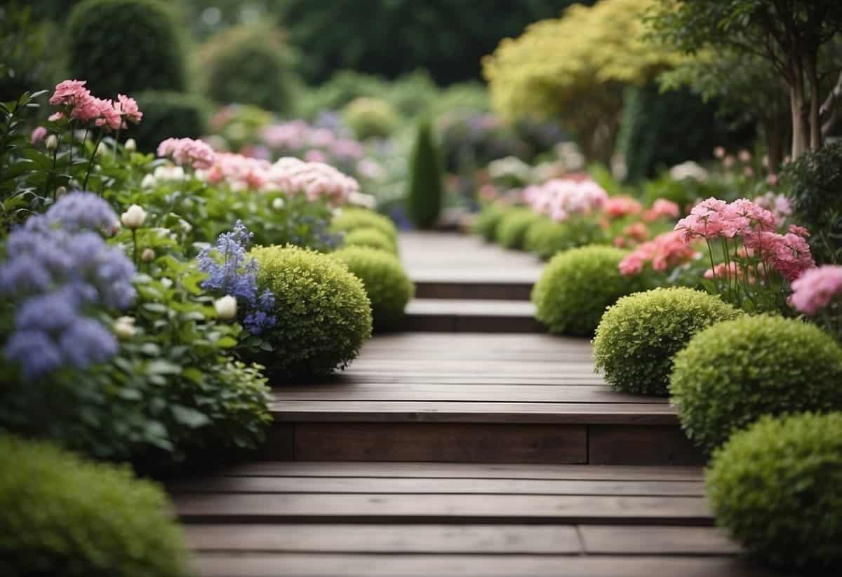 A serene garden with porcelain slabs arranged on decking, surrounded by lush greenery and blooming flowers