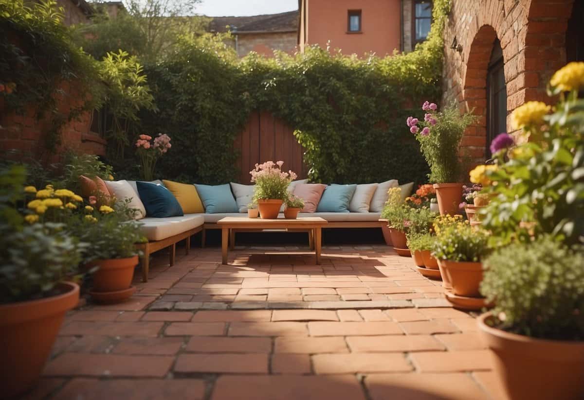 Sunlight bathes the terracotta patio slabs, surrounded by lush greenery and colorful flowers. A cozy seating area invites relaxation