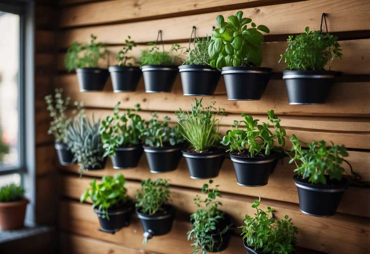 A wooden wall-mounted herb garden with various herbs growing in individual pots, hanging off the ground