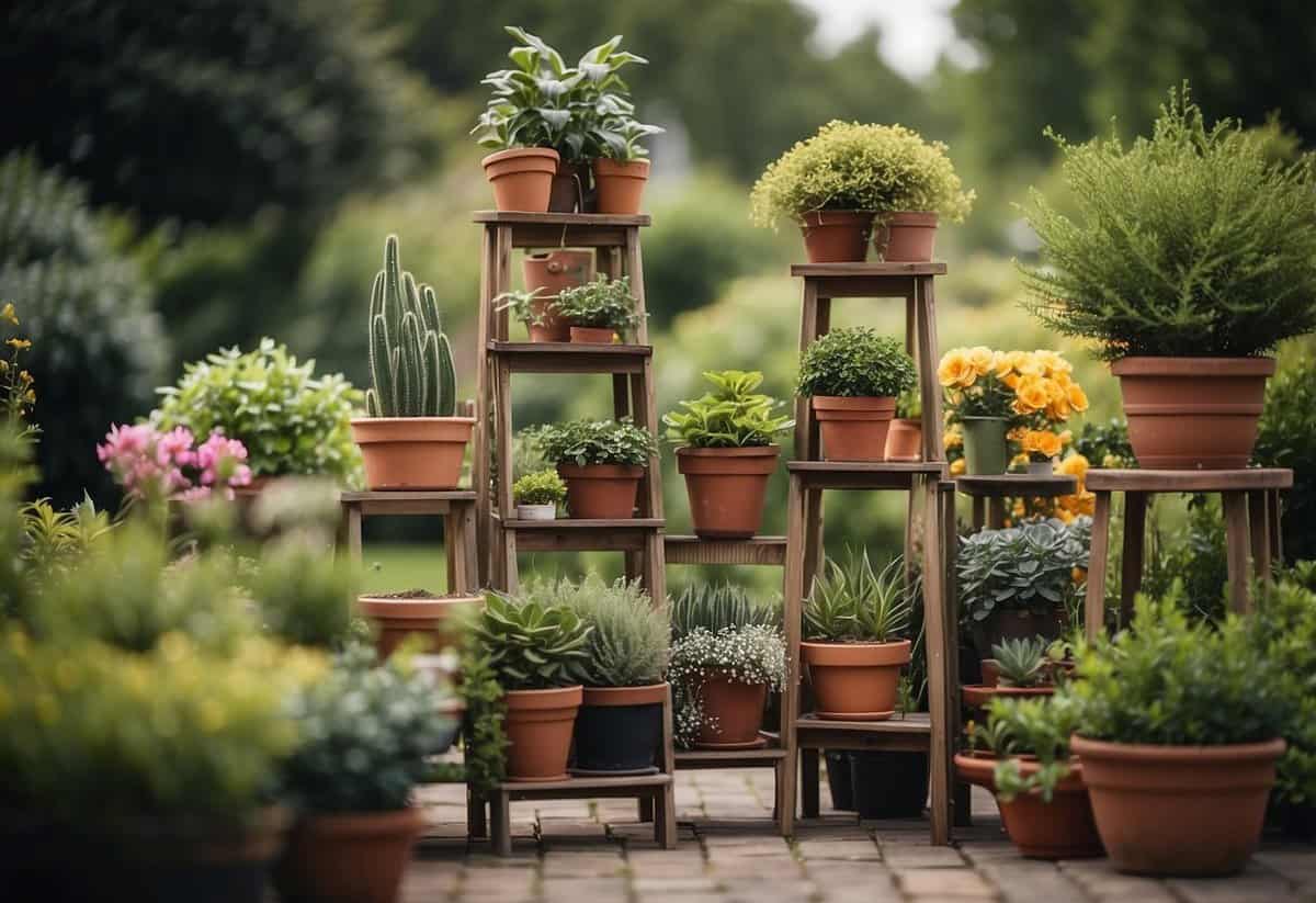 A variety of tiered plant stands are arranged in a garden, showcasing an array of potted plants at different heights off the ground