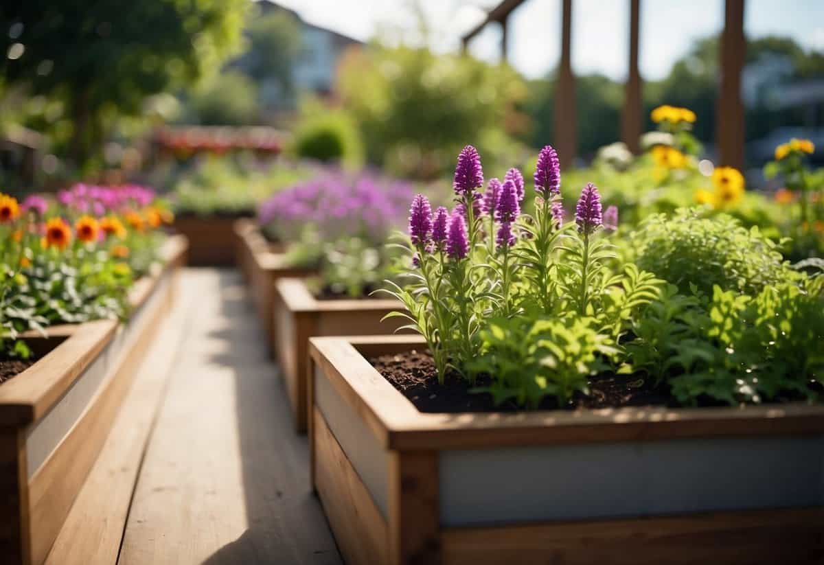 Lush green plants and colorful flowers bloom in elevated garden beds, showcasing the benefits of gardening off the ground