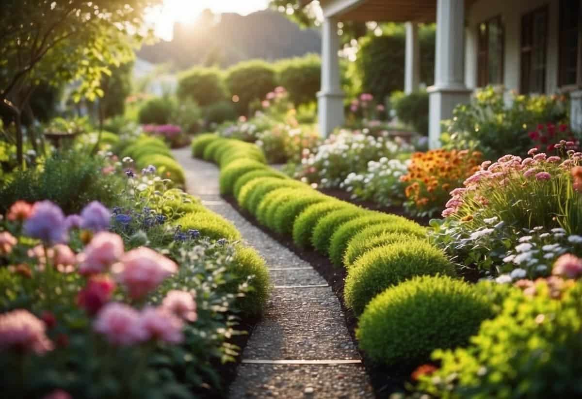 A garden with eco-friendly plastic edging, neatly framing flower beds and pathways, surrounded by lush greenery and colorful blooms