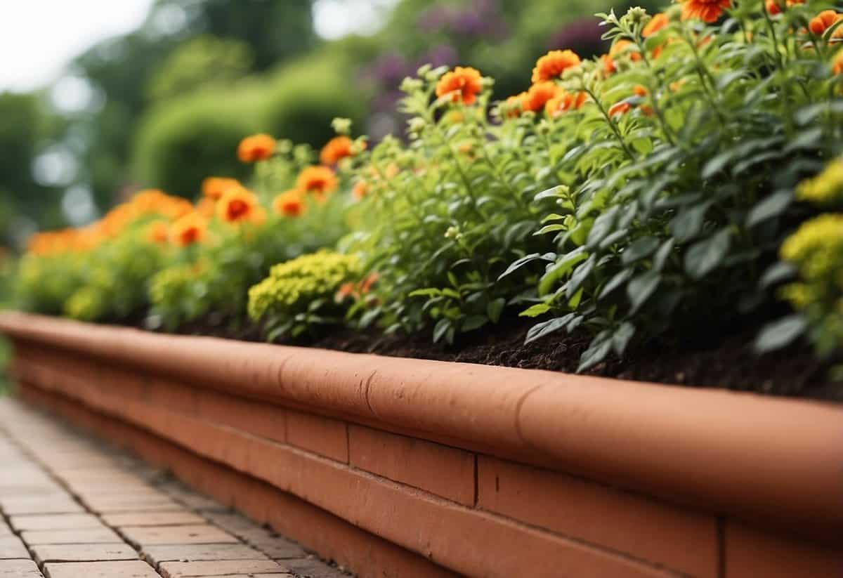 A terracotta edging lines a lush garden, separating vibrant flowers and lush greenery