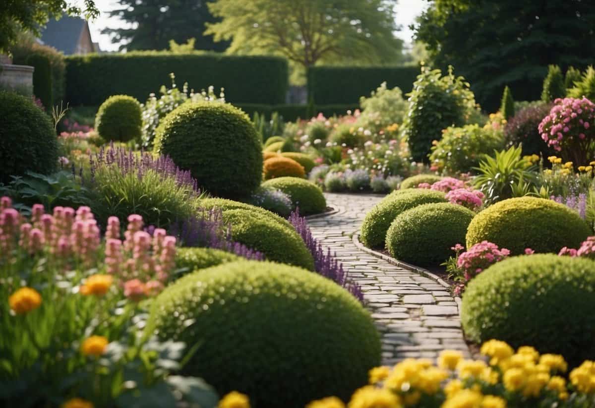 A neatly manicured garden with various types of curbing, such as stone, brick, and concrete, bordering the flowerbeds and pathways. Lush green plants and colorful flowers add vibrancy to the scene