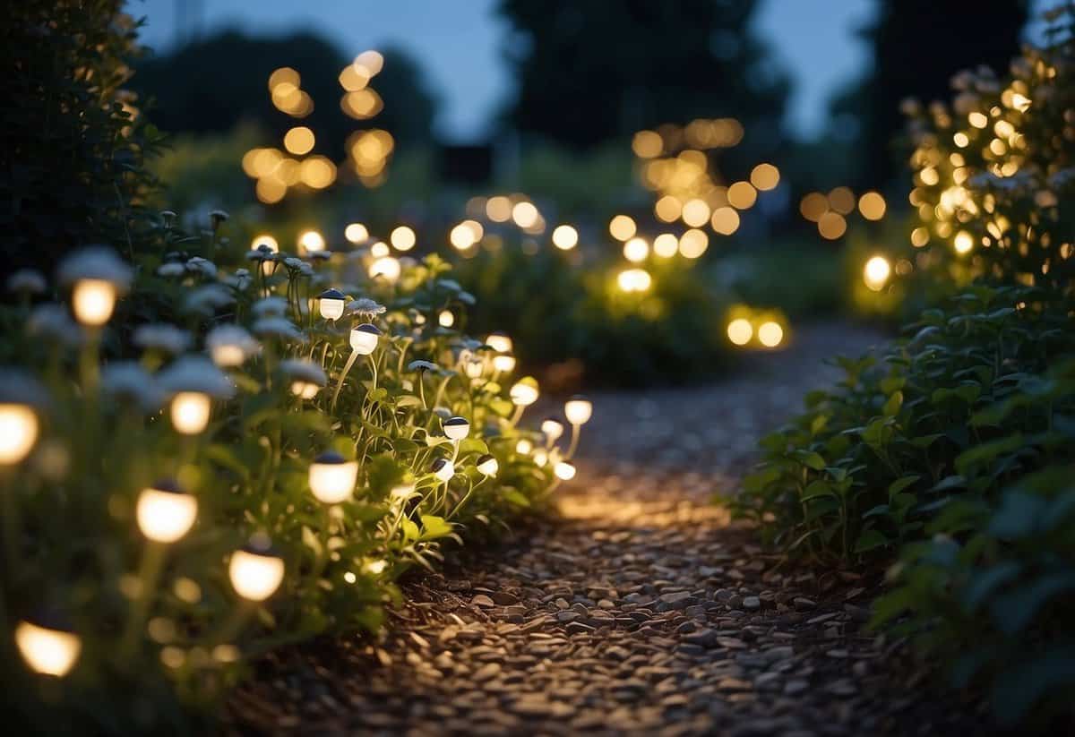 A garden filled with solar-powered lights illuminating the pathway and surrounding plants, creating a magical and festive atmosphere