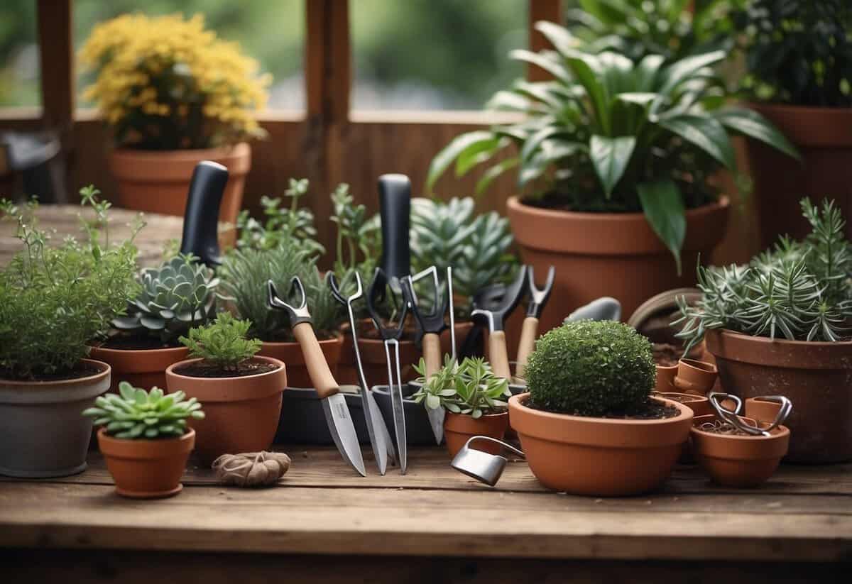 A personalized garden tool set displayed on a wooden table with a festive Christmas bow tied around it, surrounded by potted plants and gardening accessories