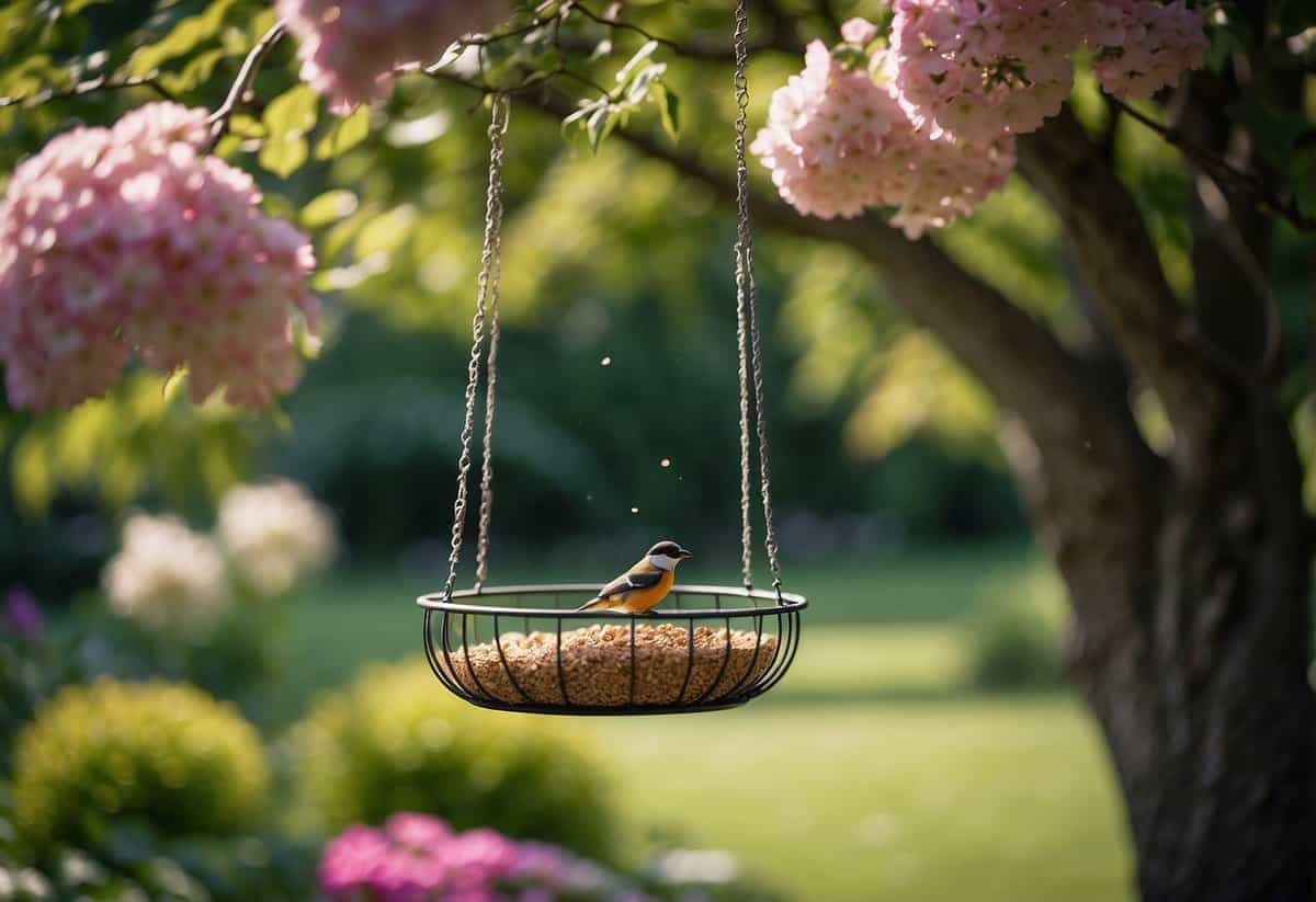 A colorful bird feeder hangs from a tree in a lush garden, surrounded by blooming flowers and vibrant foliage. A gentle breeze rustles the leaves as birds flit around the feeder, creating a peaceful and idyllic scene