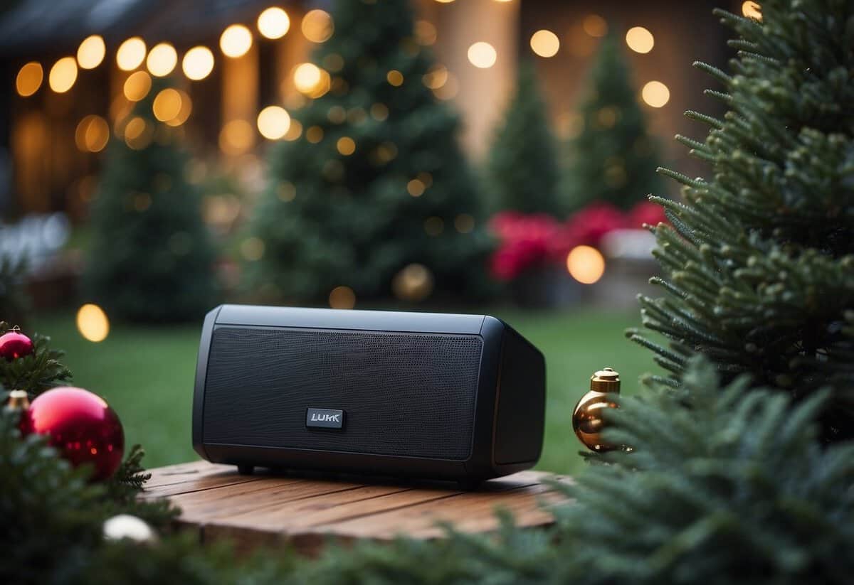 An outdoor scene with a weather-resistant speaker amidst a garden, surrounded by festive holiday decorations, perfect for Christmas gift ideas