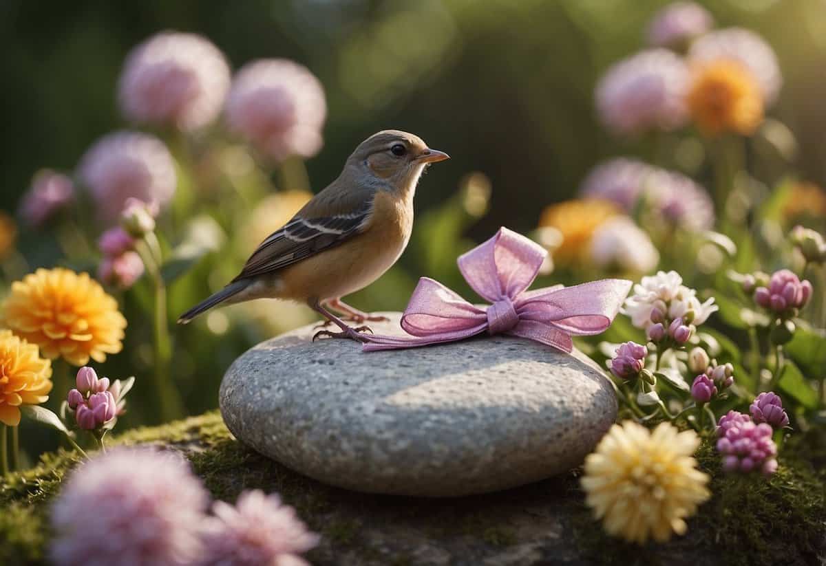 A handcrafted garden stone sits among blooming flowers, with a small bird perched on top. A ribbon is tied around the stone, making it a perfect Christmas gift idea for garden lovers