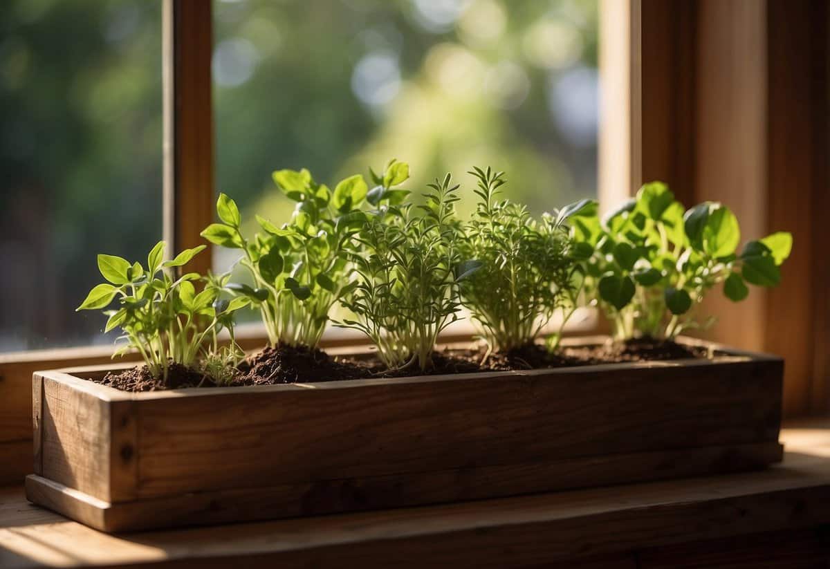 Lush green herbs sprout from a rustic wooden planter, nestled in a cozy kitchen window. Sunlight filters through the leaves, casting a warm glow on the vibrant greenery