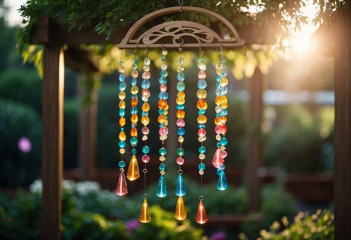 Colorful wind chimes hang from a garden trellis, swaying in the breeze. Surrounding plants are adorned with twinkling lights, creating a festive atmosphere