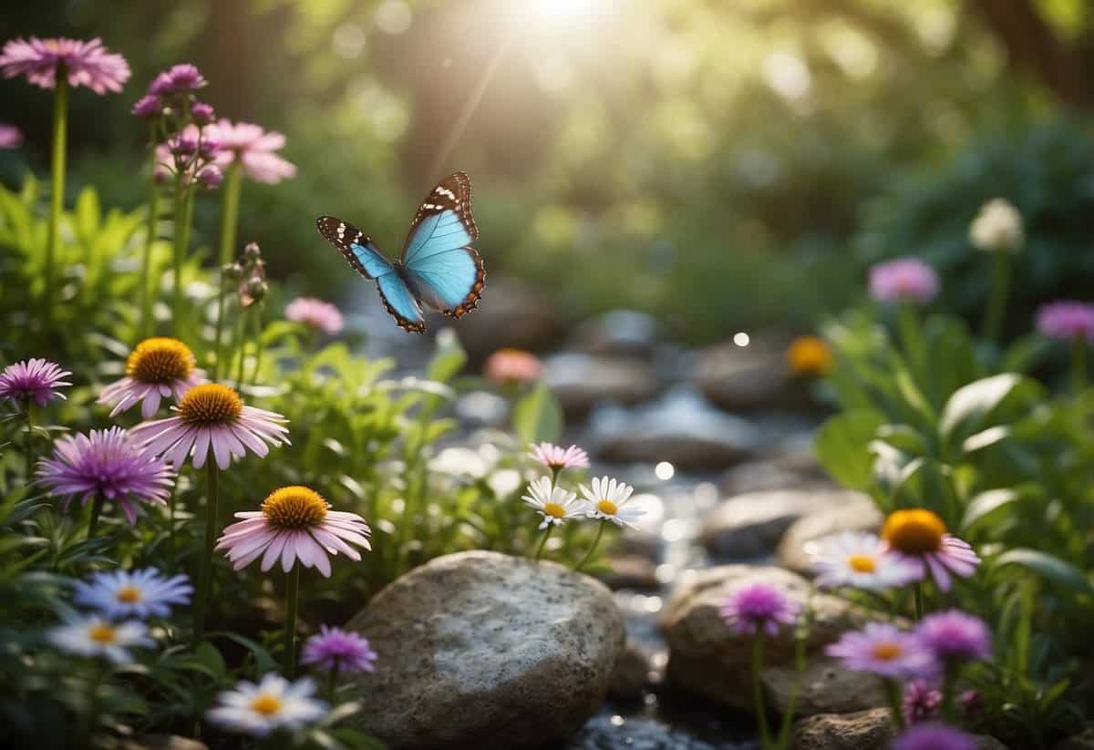 A lush garden filled with vibrant flowers, a bubbling stream, and fluttering butterflies, all contained within a Butterfly Habitat Kit