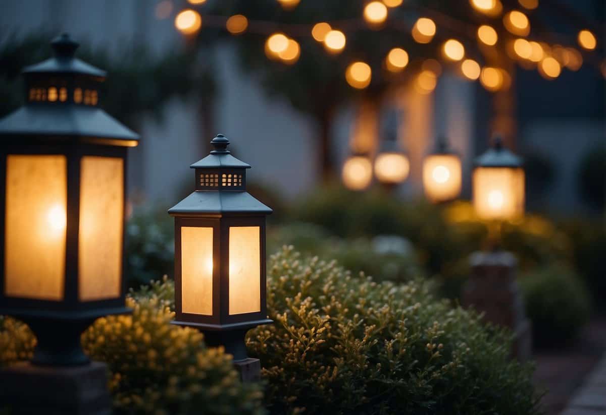 A garden adorned with decorative outdoor lanterns, creating a warm and inviting atmosphere. Perfect for a Christmas gift idea