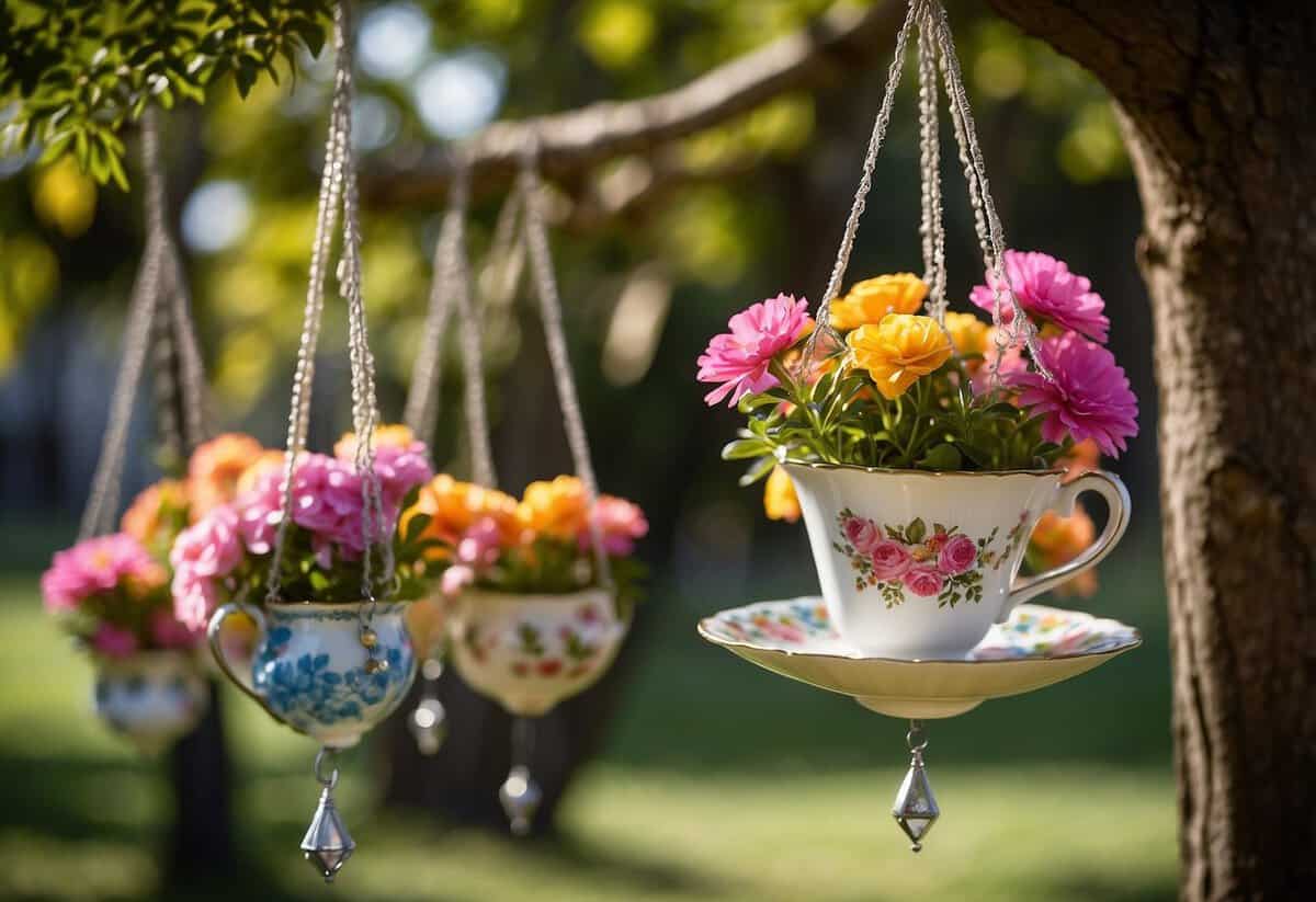 A teacup planter hangs from a tree, filled with vibrant flowers. Below, wind chimes made from teacups tinkle in the breeze, surrounded by a variety of garden crafts