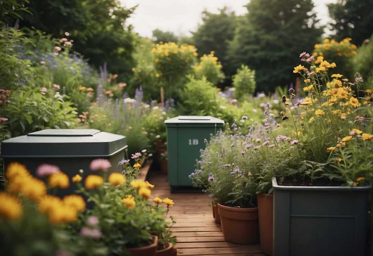 A lush garden with recycled planters, compost bins, and a rainwater collection system. Bees and butterflies flit among native flowers and herbs