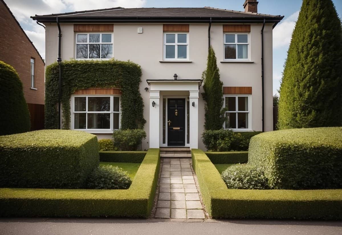 A semi-detached home with symmetrical hedges lining the front garden, creating a clean and organized look