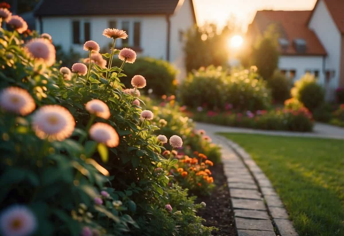 Sunset illuminates a semi-detached home's front garden with solar-powered lights among lush greenery and colorful flowers