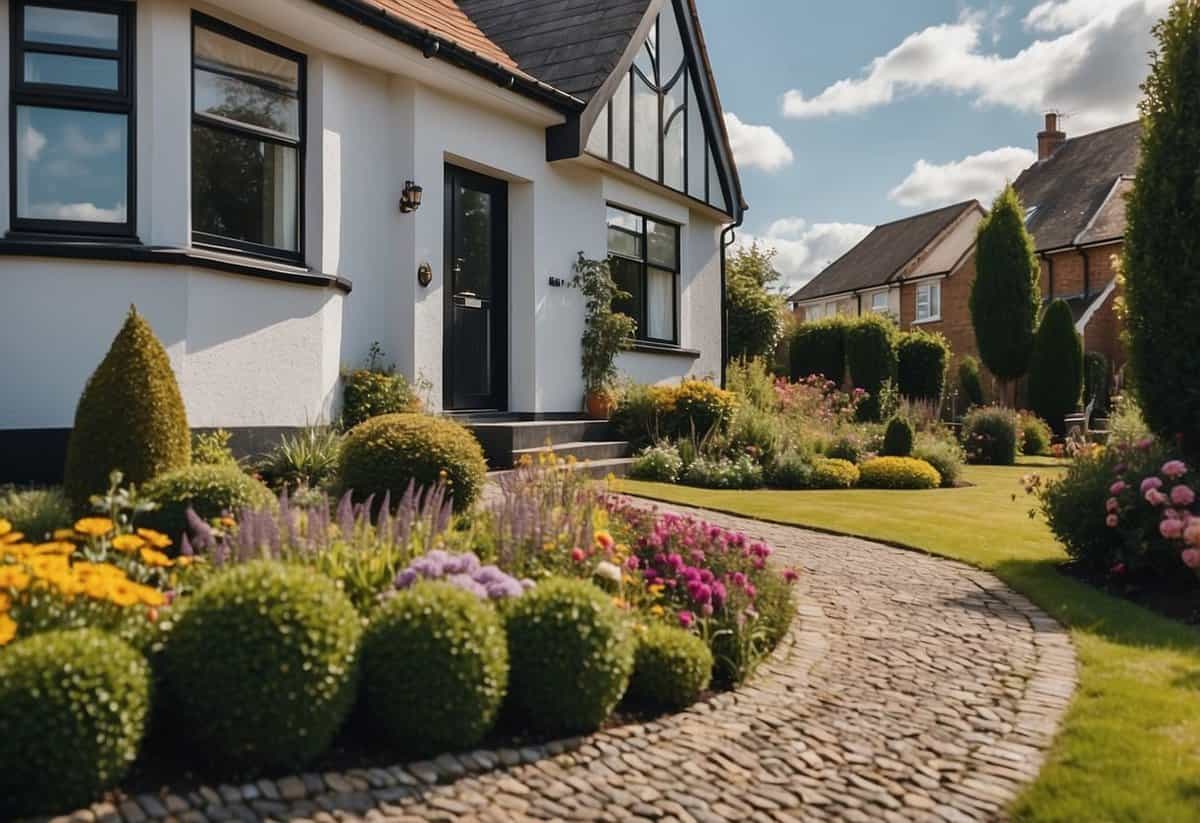 A semi-detached home with a pebbled pathway leading to a well-manicured front garden with colorful flowers and lush greenery