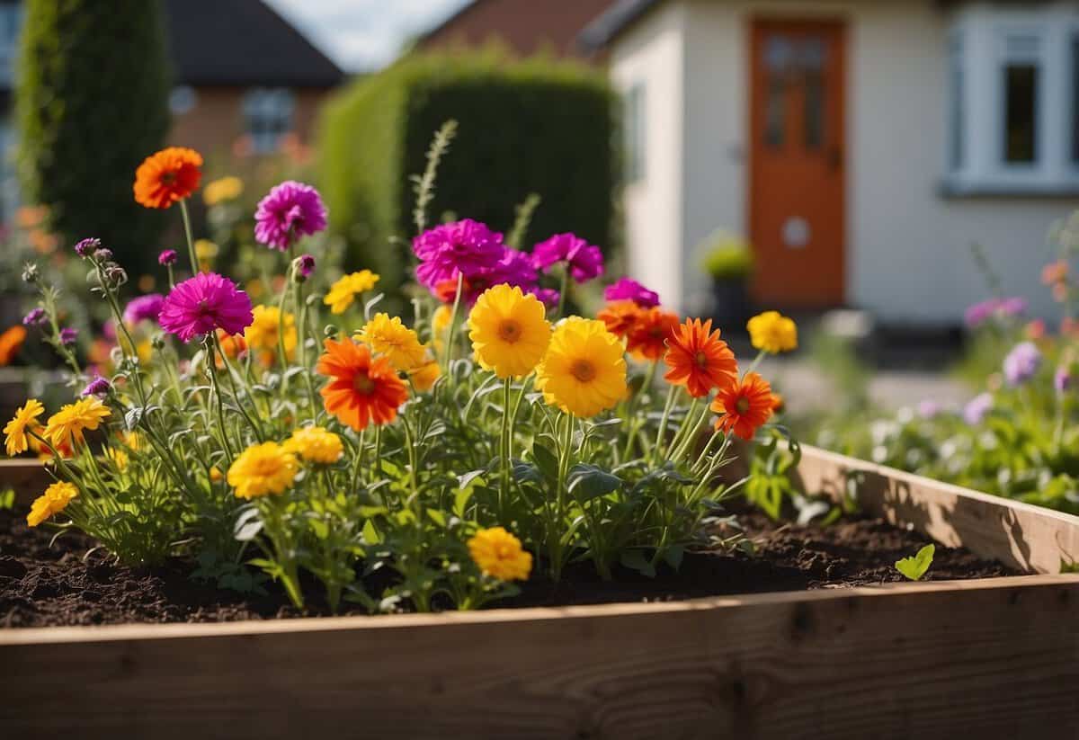 Colorful flowers bloom in raised beds in front of a semi detached home, adding a vibrant and welcoming touch to the garden