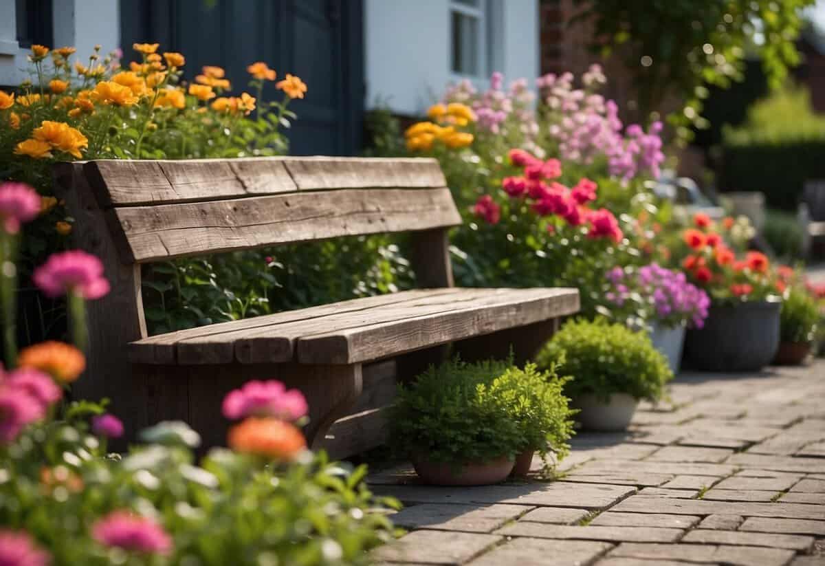 Two weathered reclaimed wood benches sit in a front garden of a semi-detached home, surrounded by colorful flowers and greenery