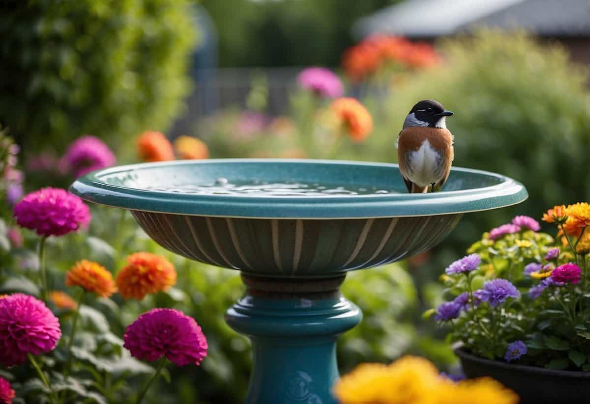 A bird bath stands as the focal point in a front garden of a semi-detached home, surrounded by colorful flowers and lush greenery