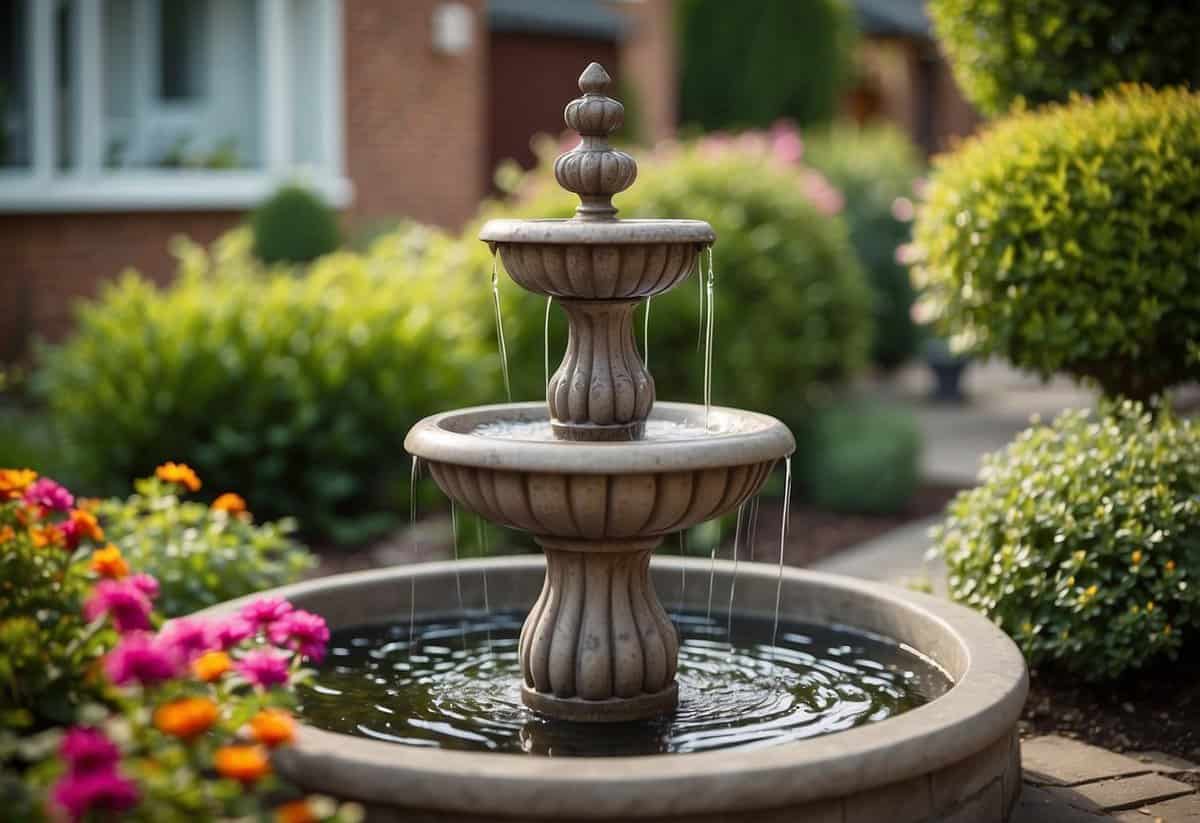 A small garden fountain sits in the center of a neatly landscaped front garden of a semi-detached home. Surrounding the fountain are colorful flowers and lush green plants, creating a peaceful and inviting outdoor space