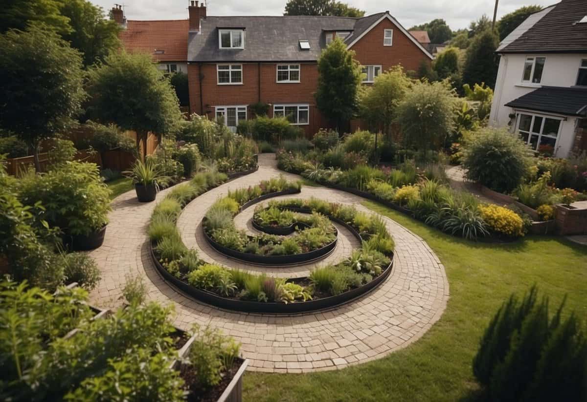 A semi-detached home with a herb spiral garden in the front yard, featuring various herbs and plants arranged in a spiral pattern