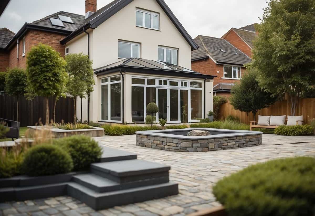 A semi-detached home with a modern front garden featuring hardscaping elements like stone pathways, a decorative wall, and a sleek water feature