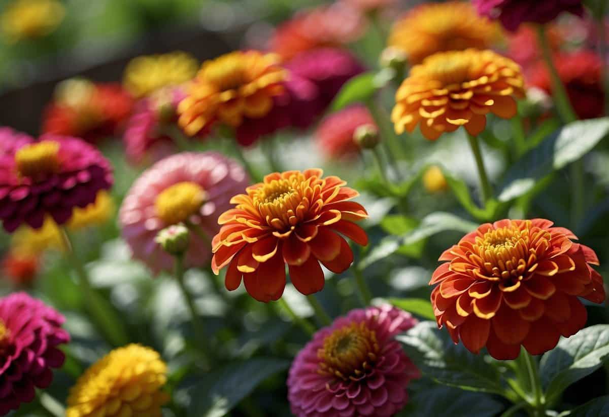 A vibrant potted zinnia garden bursts with 'Profusion Cherry' Zinnias, creating a colorful and lively display