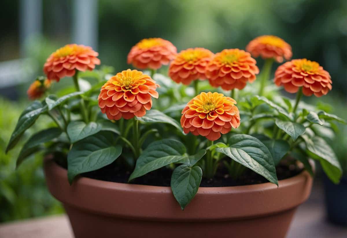 Vibrant 'Magellan Coral' zinnias bloom in potted garden, surrounded by lush greenery