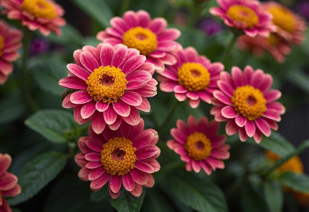 Vibrant 'Zahara Sunburst' Zinnias bloom in potted garden, creating colorful and cheerful display